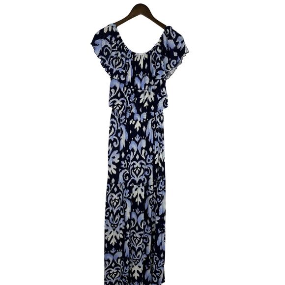 INC International Concepts Off the Shoulder Ruffle Blue Ikat Maxi Dress Sz S - Picture 1 of 14